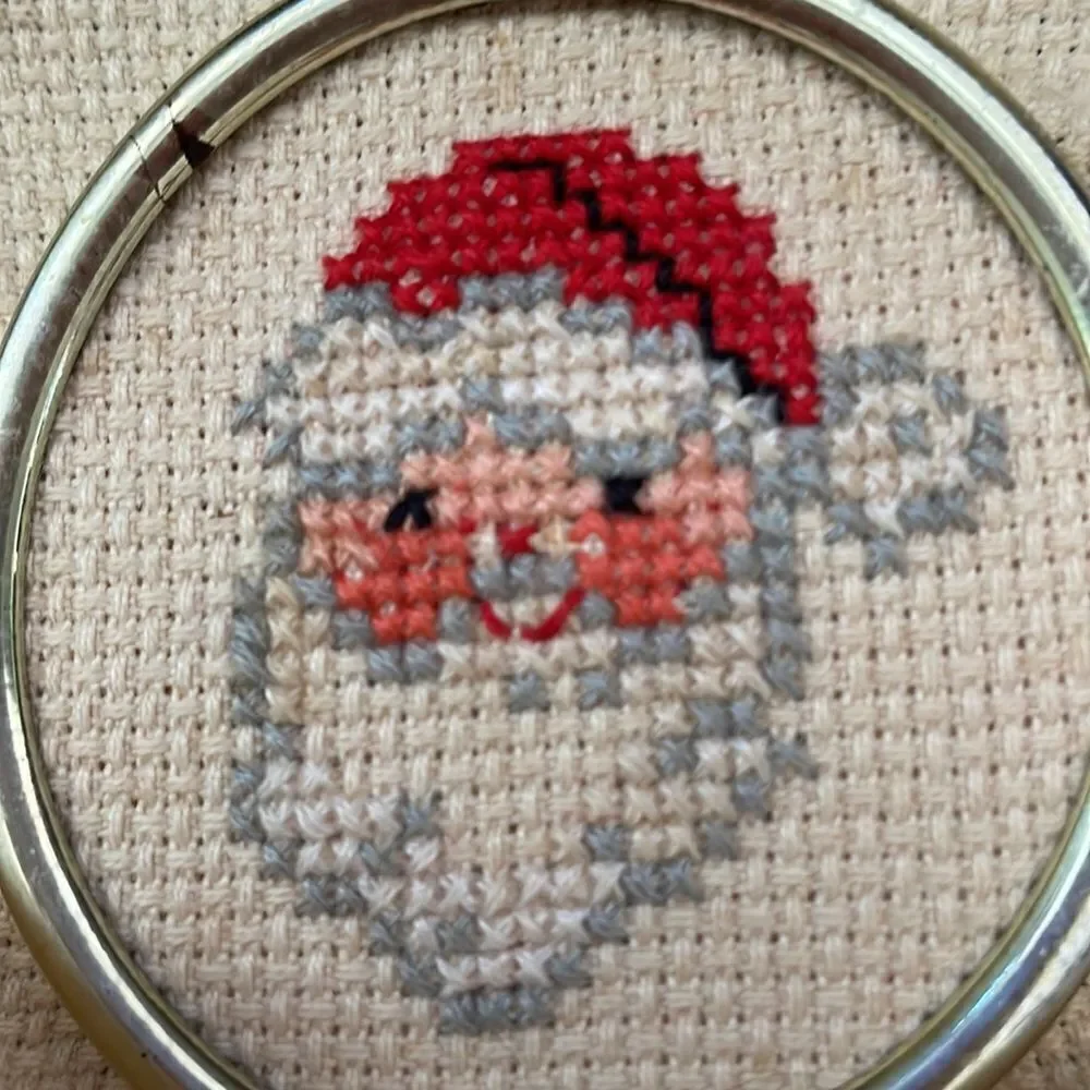 Set of‎ 2 vintage homemade/handmade Santa Christmas ornaments in frames